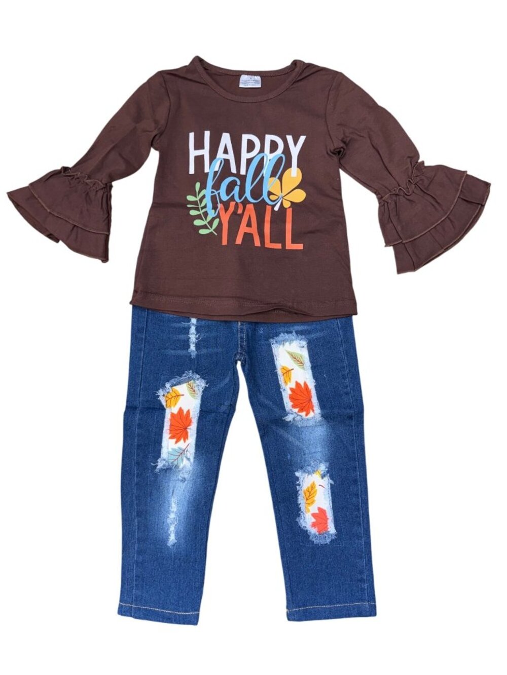 Happy Fall Yall Toddler Outfit 2T Brown Ruffle Top & Distressed Patch Jeans Set